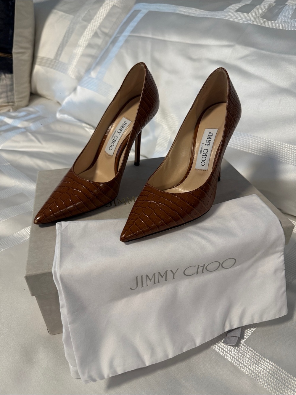 Jimmy Choo Brown Croc-Embossed Pointed Stiletto Pumps